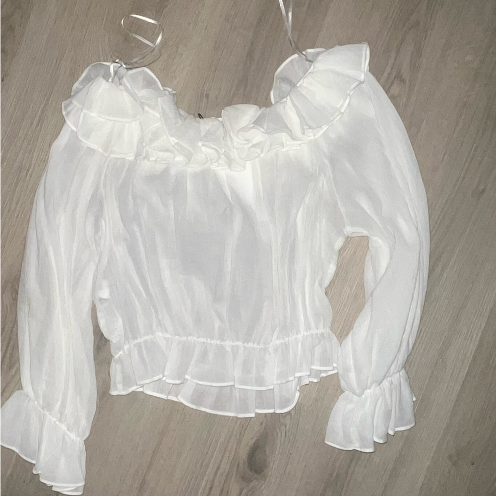 Zara White Ruffle Blouse XL | Long Sleeve Cotton Romantic Top NWT - Picture 2 of 15
